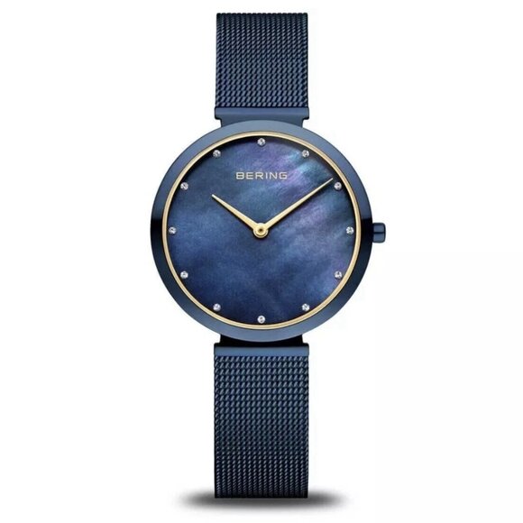 $199- Bering 18132-399 Classic Women's 32mm Crystal Accent Blue MOP Dial Watch - Picture 1 of 8